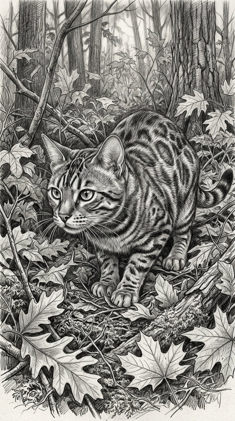 A Bengal cat crouching in a forest with detailed leaves and trees.