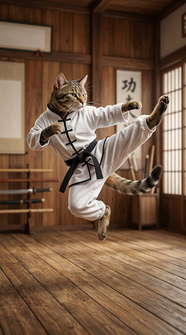 A cat dressed in a white martial arts uniform performing a kick in a wooden dojo.