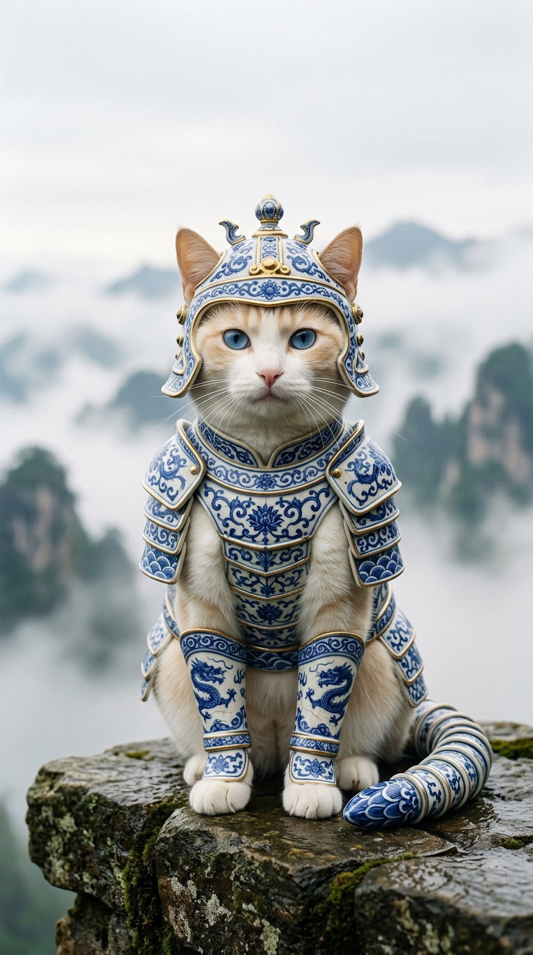 A cat wearing intricate blue and white samurai armor, seated on a rocky ledge with misty mountains in the background.