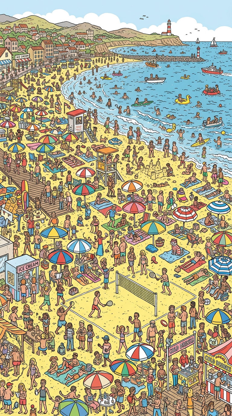 A vibrant beach scene filled with people enjoying the sun, swimming, and playing games. Colorful umbrellas dot the sandy area, along with beach chairs and an ice cream stand in view.