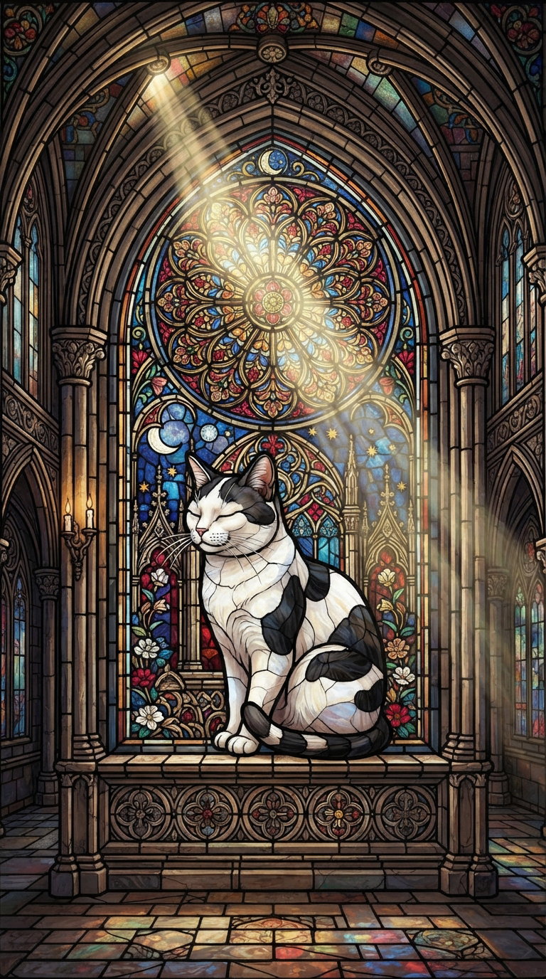 A stained glass window depicting a cat sitting on a pedestal inside a cathedral, with intricate patterns and vibrant colors surrounding it.