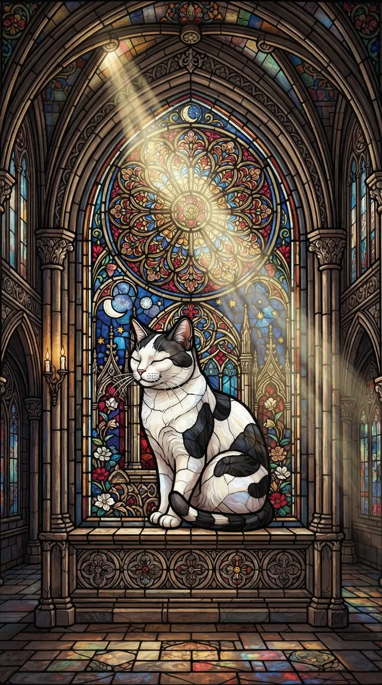 Stained Glass Artwork Featuring a Cat in a Gothic Cathedral