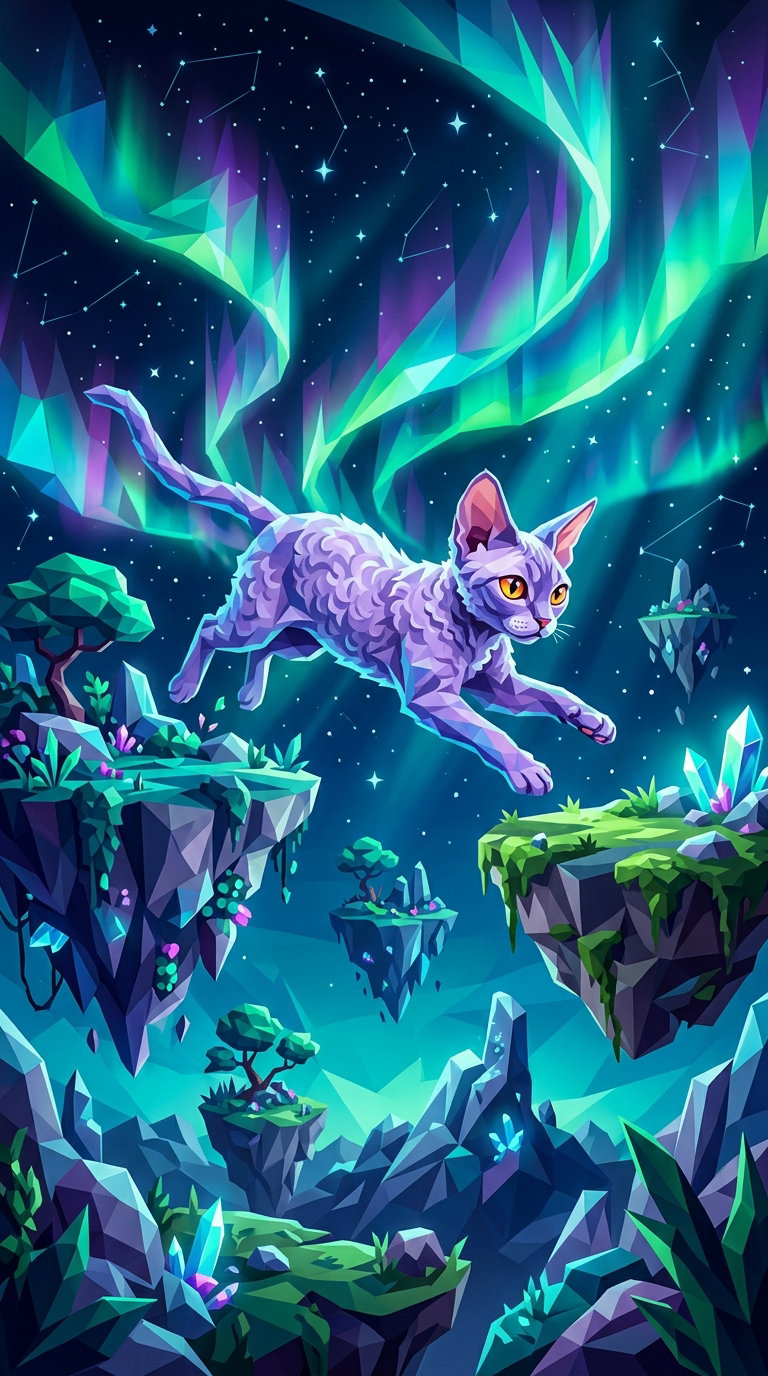 A purple cat leaps through a dreamy landscape under an aurora borealis, surrounded by floating islands and crystals.