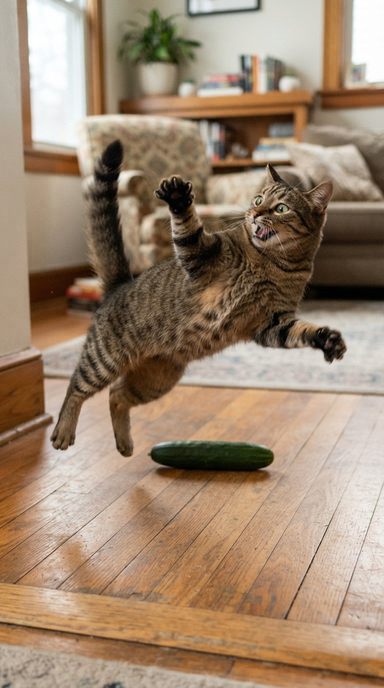 A brown tabby cat in midair, startled, leaping away from a cucumber placed on a wooden floor inside a cozy room.