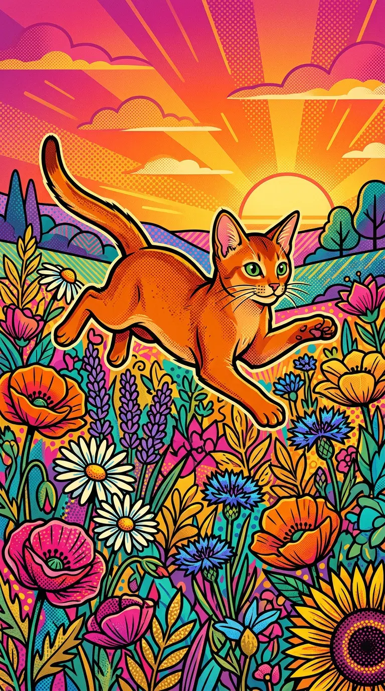 Vibrant Cat in a Flower Field Under a Sunset