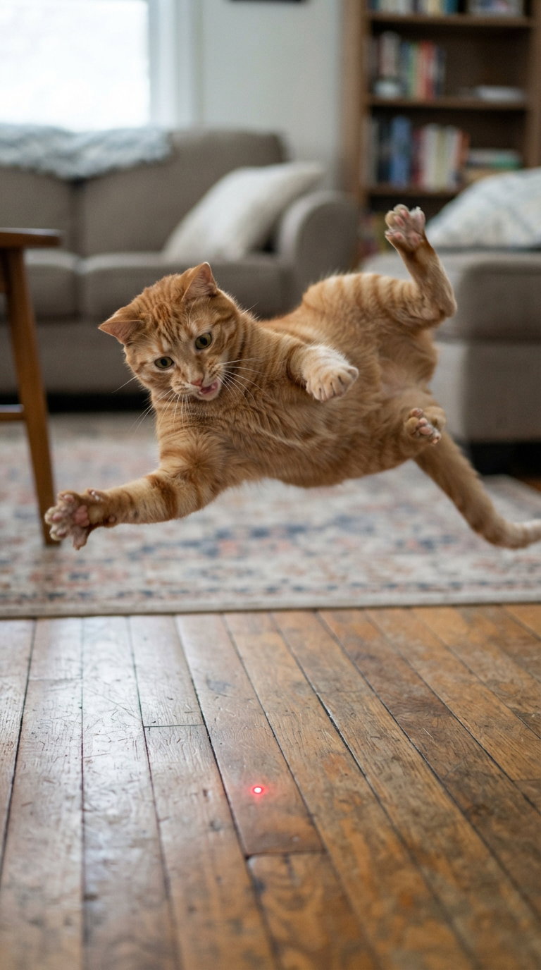 An orange cat mid-air playfully jumping towards a small red laser dot on a wooden floor.