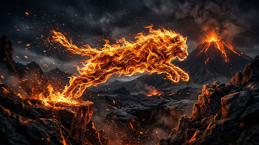 A fiery lion made of flames jumps across a volcanic landscape with an erupting volcano in the background, surrounded by dark rocks and smoke.