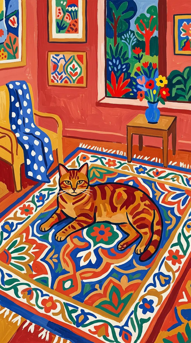 Vibrant Interior with a Ginger Cat on a Colorful Rug