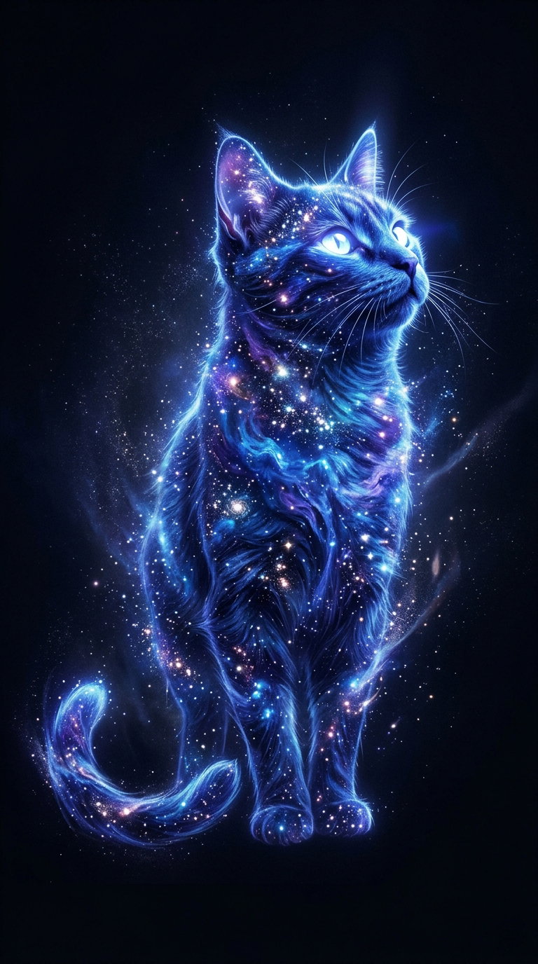 A black cat illuminated with cosmic colors and starry patterns, set against a dark background.