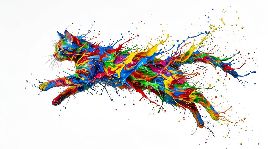 A colorful cat depicted with splashes of paint in bright hues, running across a white background.