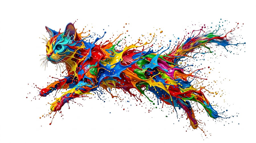 A colorful cat depicted in a dynamic pose, surrounded by splashes of vibrant paint.