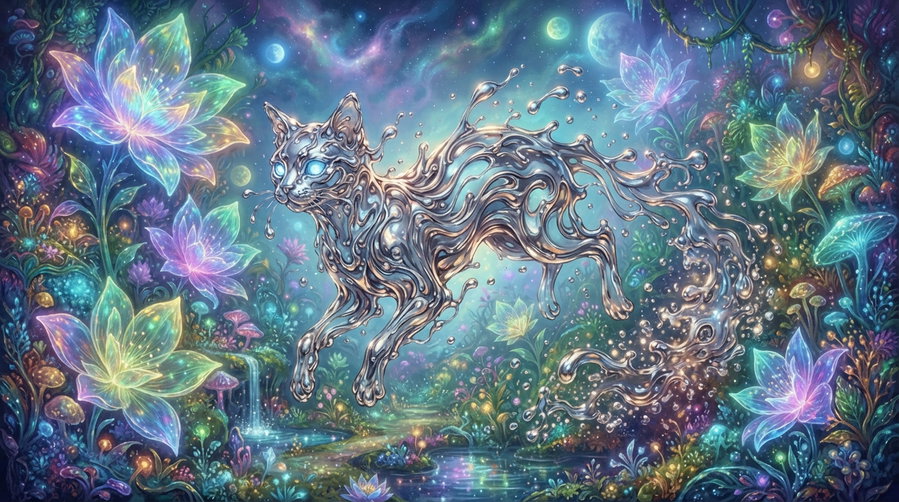 A fantastical cat with a flowing, liquid-like body, surrounded by vibrant flowers and an ethereal landscape featuring mystical colors and shimmering water.