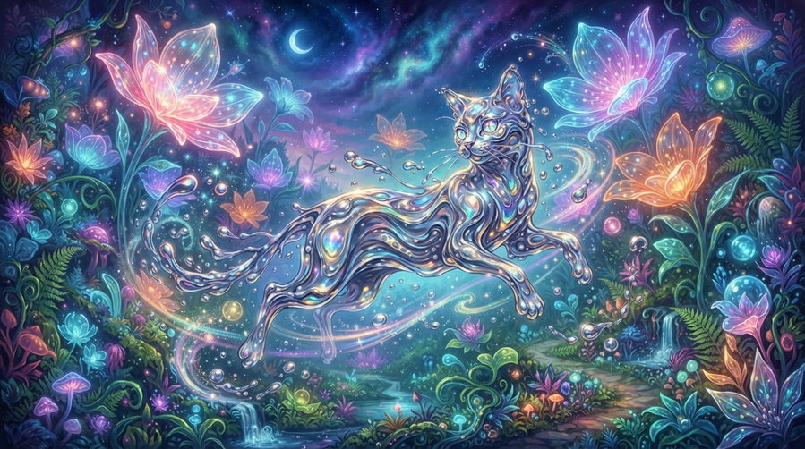 A surreal depiction of a cat made of iridescent light and colors, frolicking amidst colorful flowers and a starry sky.