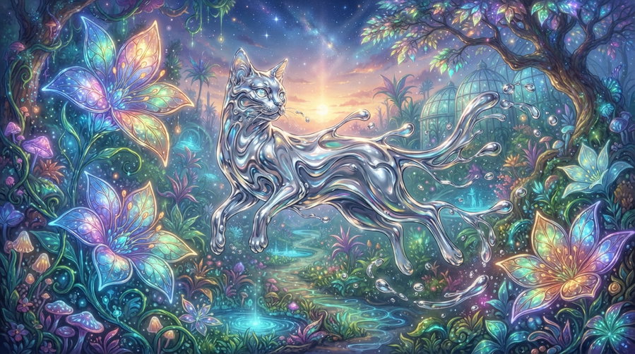 A surreal silver cat gracefully leaping through a vibrant, dreamlike landscape with colorful flora and a mystical glow.