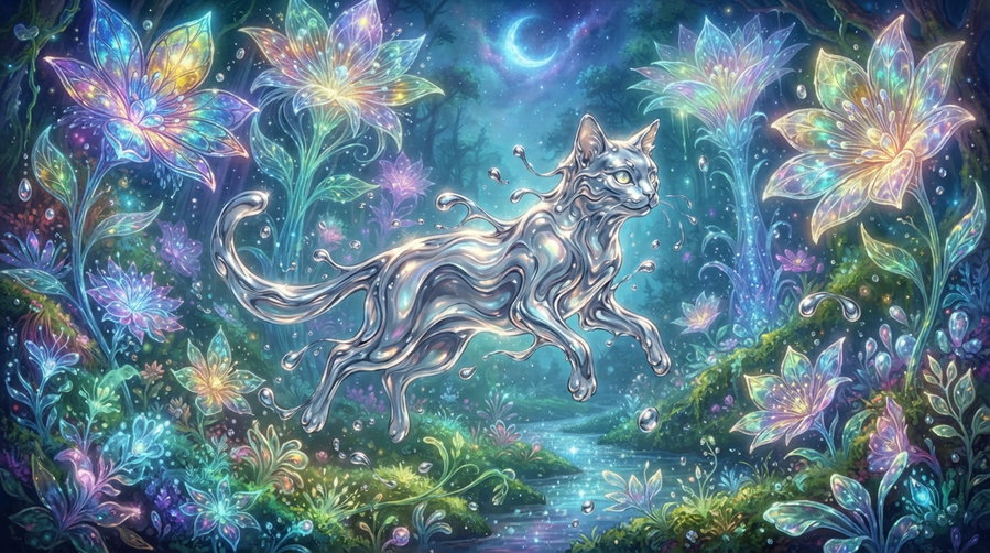 A surreal depiction of a cat with a flowing, liquid-like appearance amidst colorful, glowing flowers and a serene nighttime background with a crescent moon.