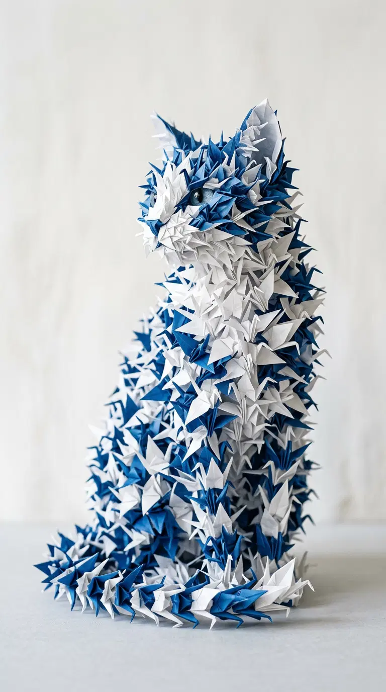 Intricate Origami Cat Sculpture in Blue and White