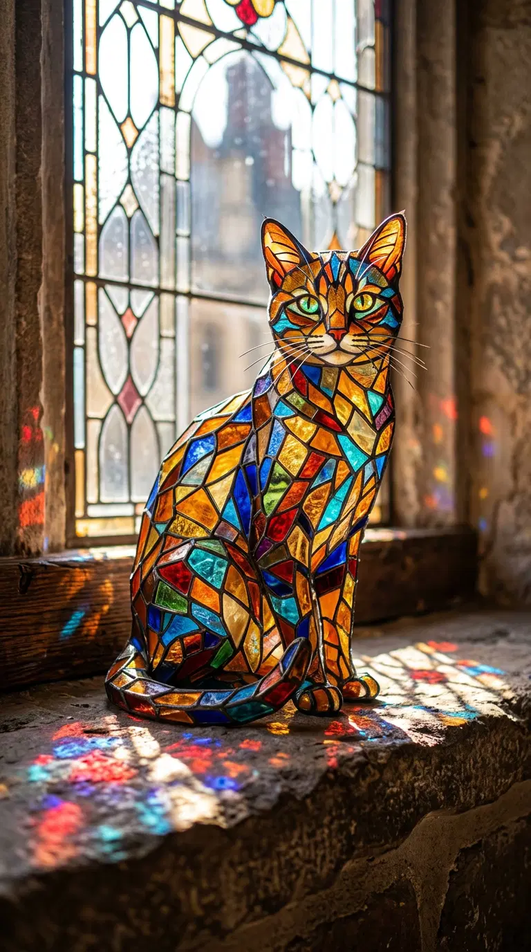 Vibrant Stained Glass Cat with Colorful Reflections