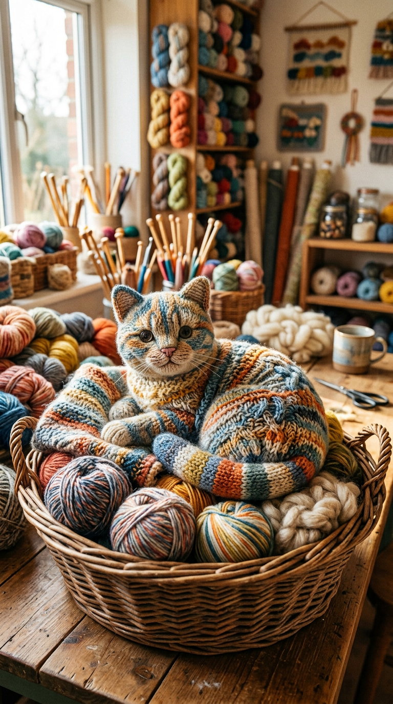 A fluffy cat with a colorful coat lies in a woven basket filled with yarn balls of various colors, set in a cozy craft room filled with yarn and craft supplies.