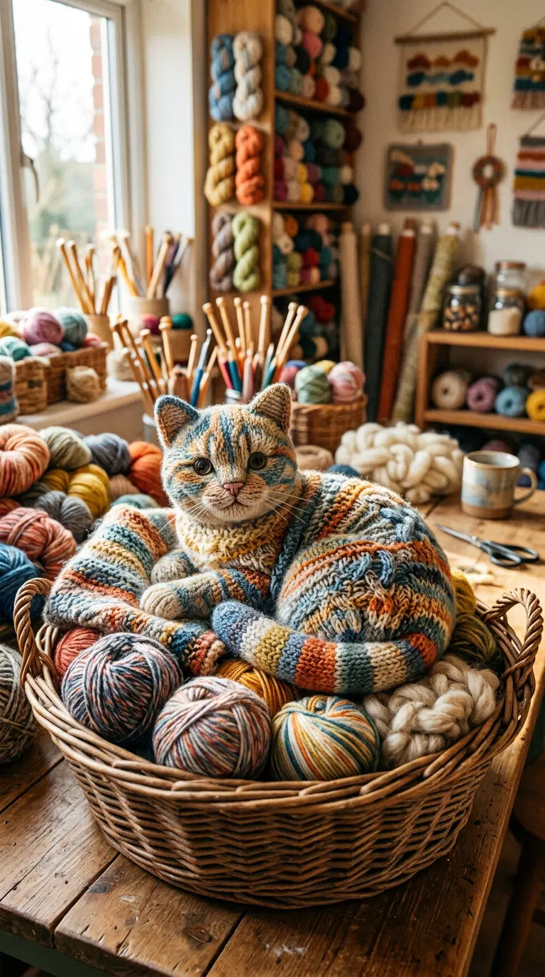 Cozy Fluffy Cat Nestled Among Colorful Yarn in a Craft Room
