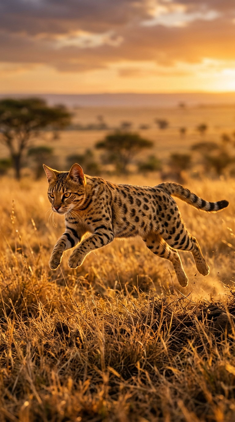 A Bengal cat with a spotted coat leaps through tall grass during sunset.
