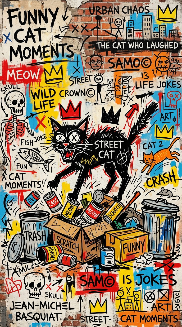A colorful graffiti-style artwork depicting a street cat amidst humorous and chaotic urban elements, including skeletons, trash, and playful text.