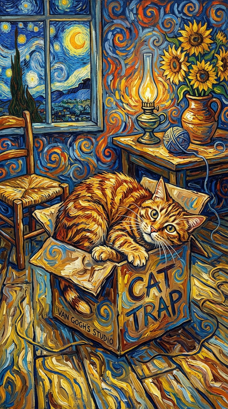 An orange tabby cat curled up in a box labeled 'CAT TRAP' in a colorful, swirling room reminiscent of Van Gogh's style, with a window showing a starry night and a vase of sunflowers.