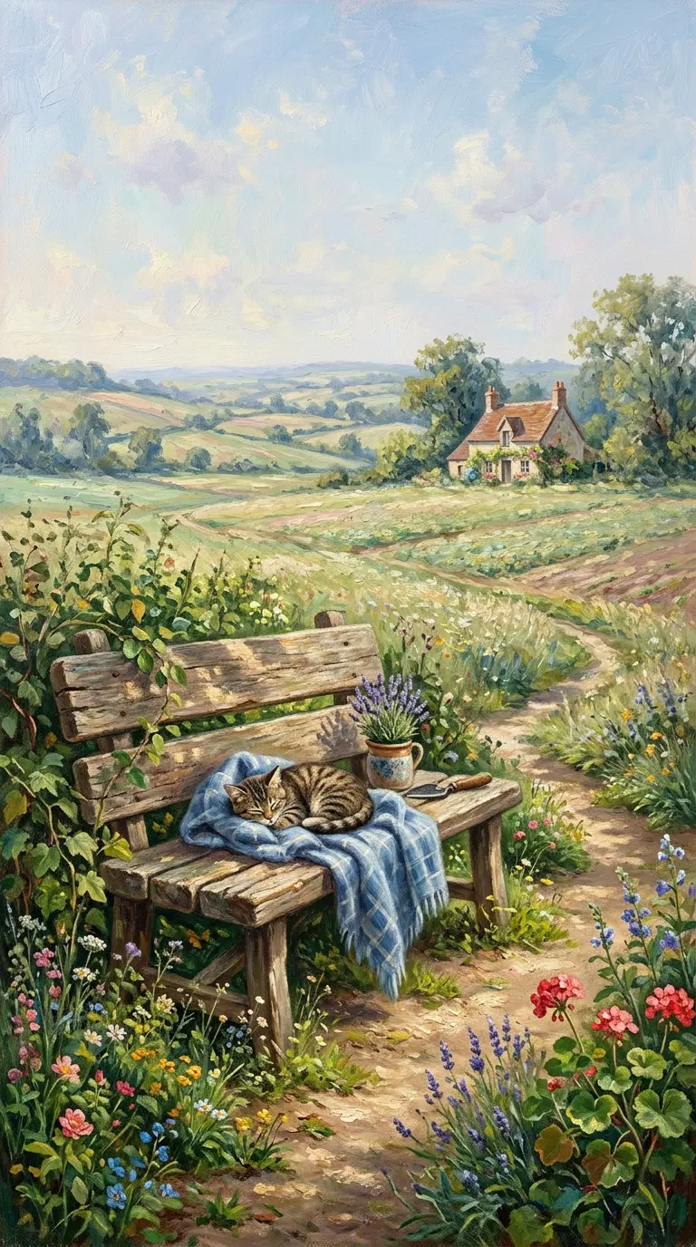 Tranquil Landscape Featuring a Cat on a Bench Surrounded by Flowers