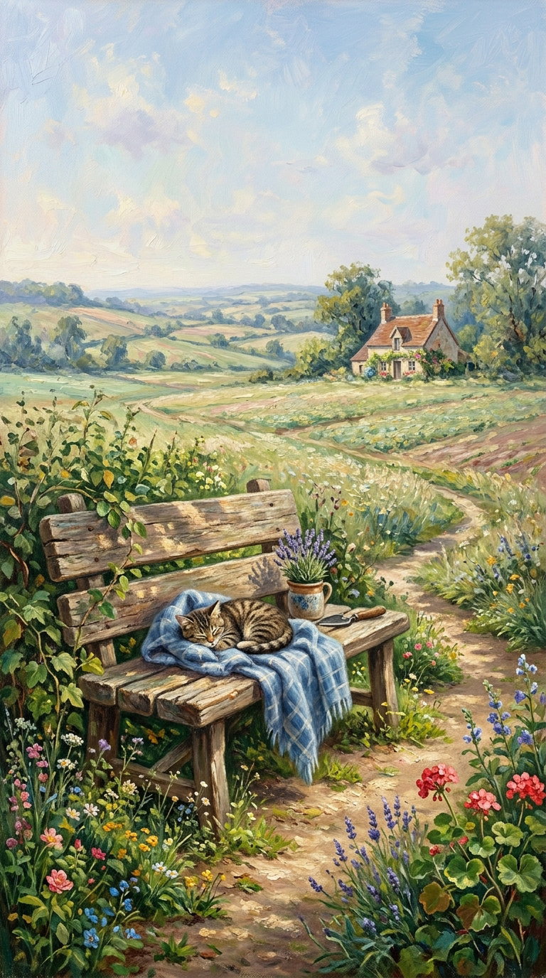 A serene countryside scene with a cat sleeping on a bench, surrounded by vibrant flowers and a distant cottage.