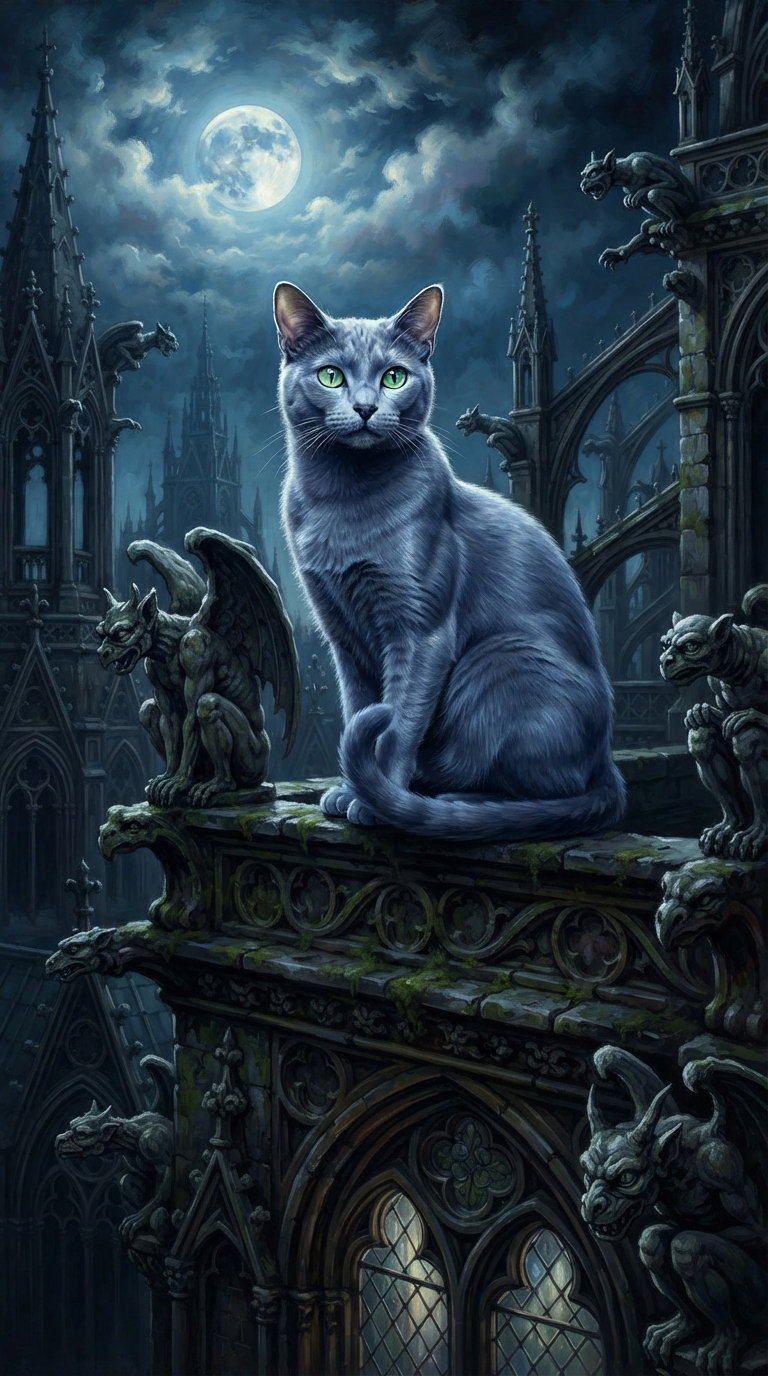 A gray cat with striking green eyes perched on a stone ledge near gargoyles, with a dark, moonlit gothic cathedral in the background.