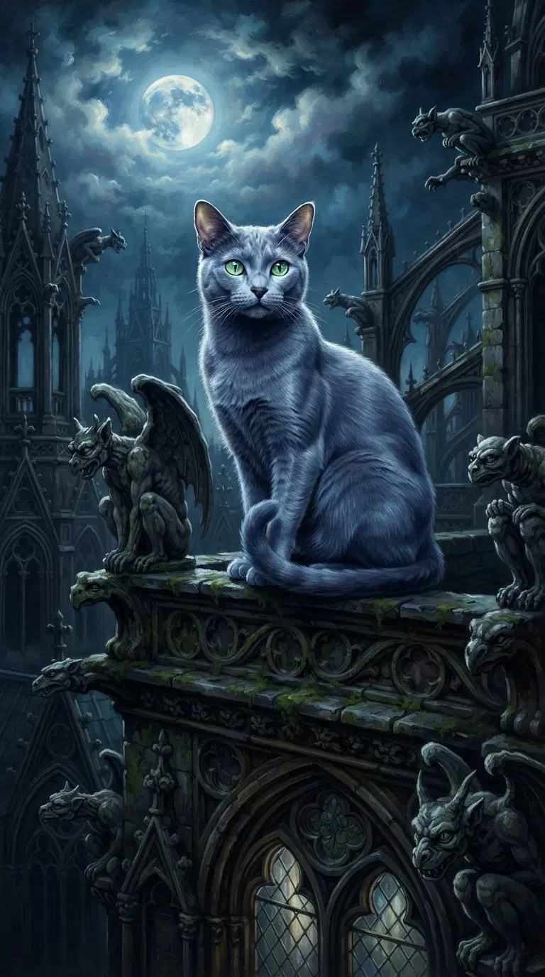 Gothic Cat Sitting Elegantly Amidst Spooky Architecture