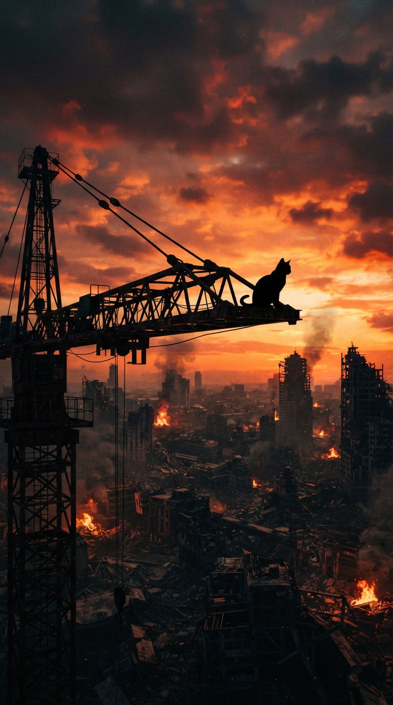 A silhouette of a cat sitting on a construction crane at sunset, overlooking a devastated urban landscape with fires and smoke.