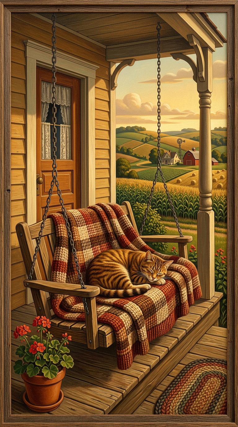 A cozy porch scene featuring a sleeping tabby cat on a swing, adorned with a plaid blanket, surrounded by scenic farm landscapes and flowering plants.