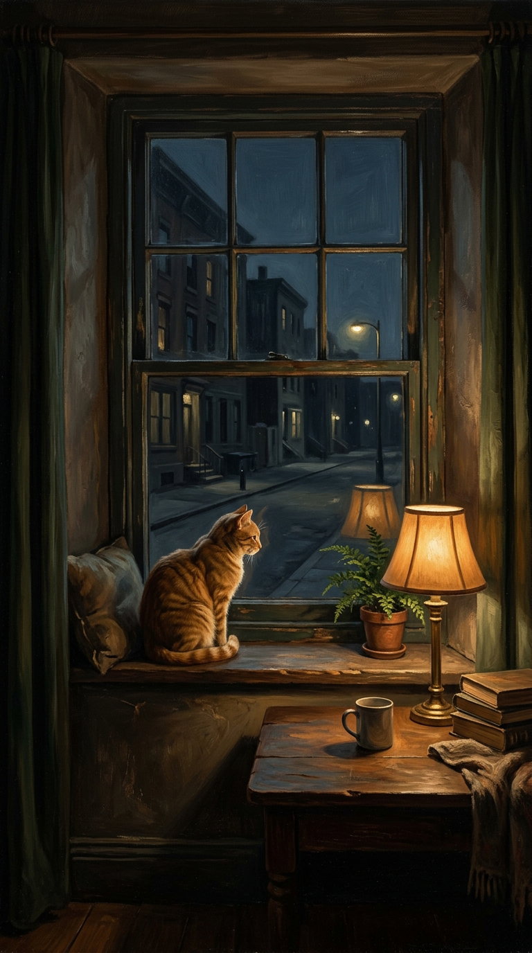 A ginger cat sitting on a windowsill, gazing out at a dimly lit street. A table with a cup, books, and a plant is nearby, illuminated by a warm lamp.