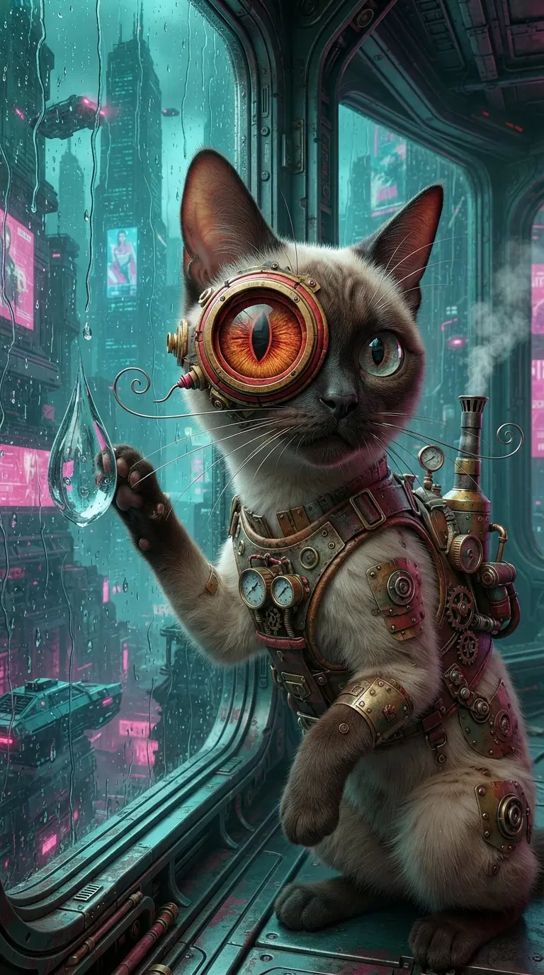Steampunk Cat in a Futuristic Cityscape