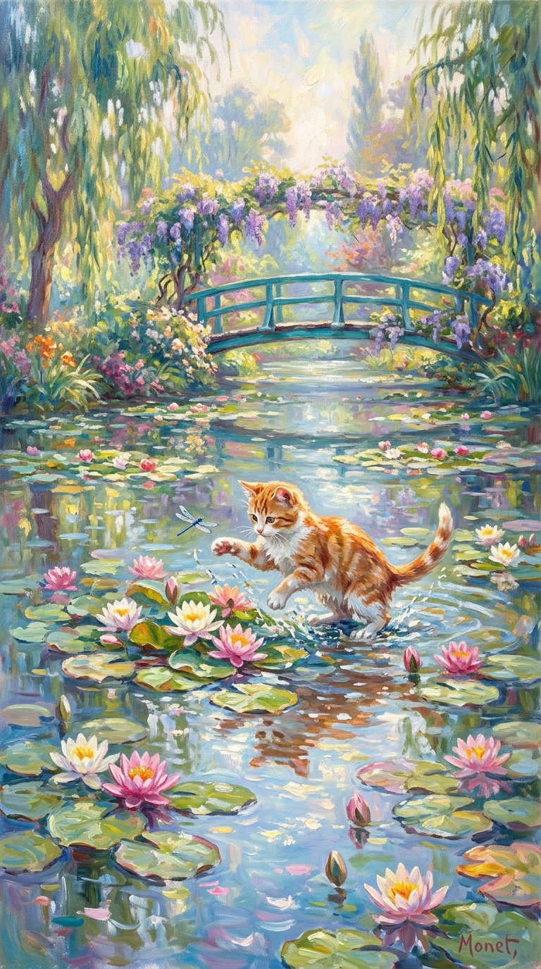 A ginger cat playfully reaching for a dragonfly over a pond filled with lily pads and flowers, set in a colorful garden reminiscent of Monet's impressionist style.