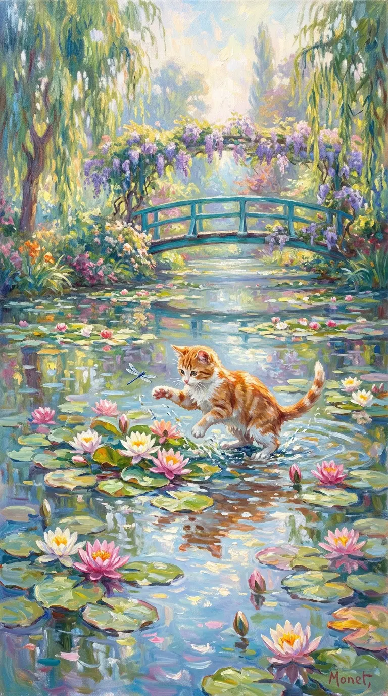 Ginger Cat in a Monet-Inspired Garden Setting