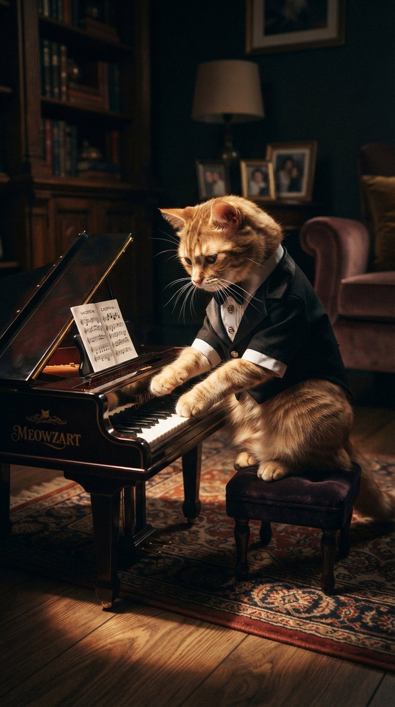 A ginger cat dressed in a tuxedo playing a small piano with sheet music.