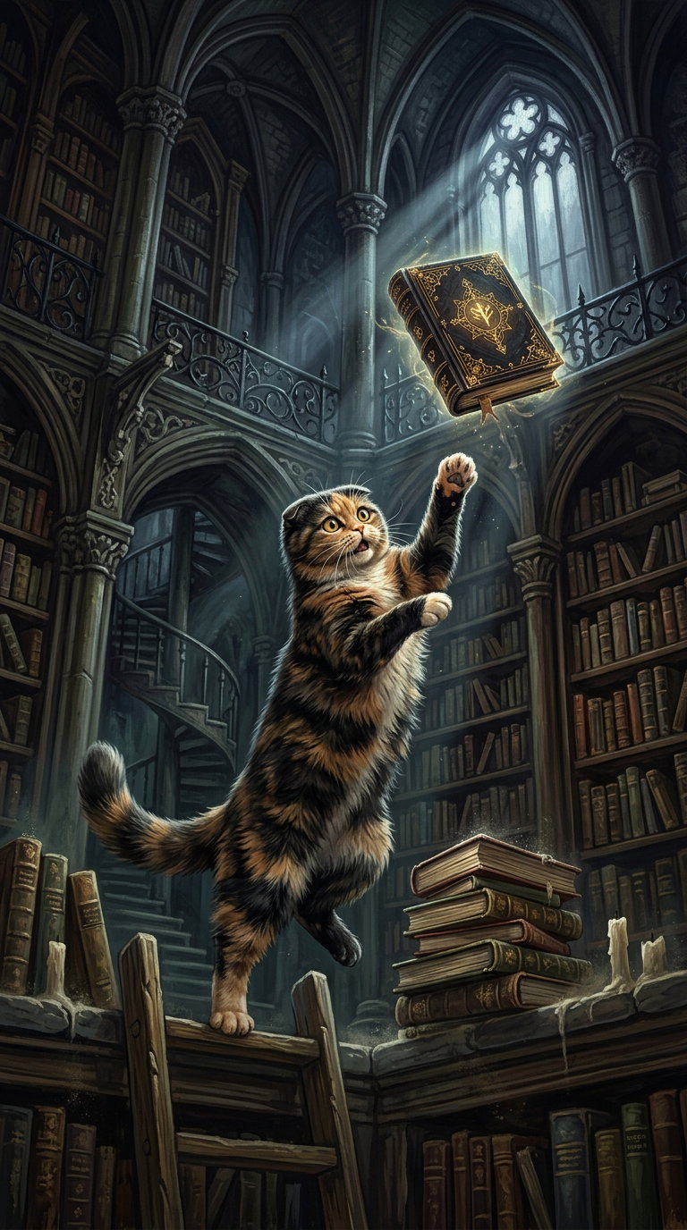 A calico cat playfully jumping towards a glowing book in a gothic library filled with tall bookshelves and dramatic lighting.