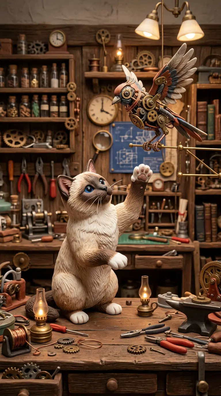 A Steampunk-Inspired Scene with a Cat and Mechanical Bird