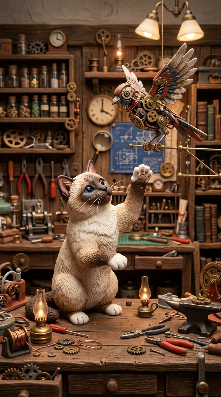 A cleverly designed steampunk workshop featuring a cat with blue eyes interacting with a mechanical bird; tools and gears are scattered around the wooden workbench.
