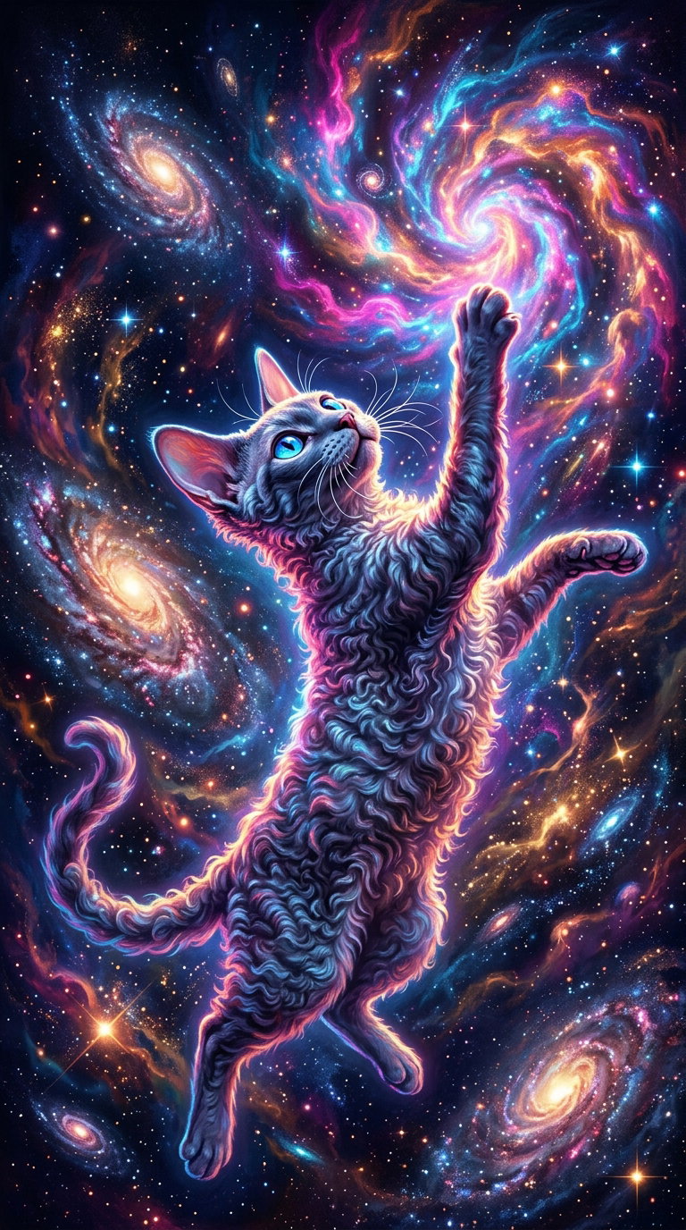 A fluffy cat with bright blue eyes floating in a vibrant starry space, surrounded by swirling galaxies and colorful cosmic elements.