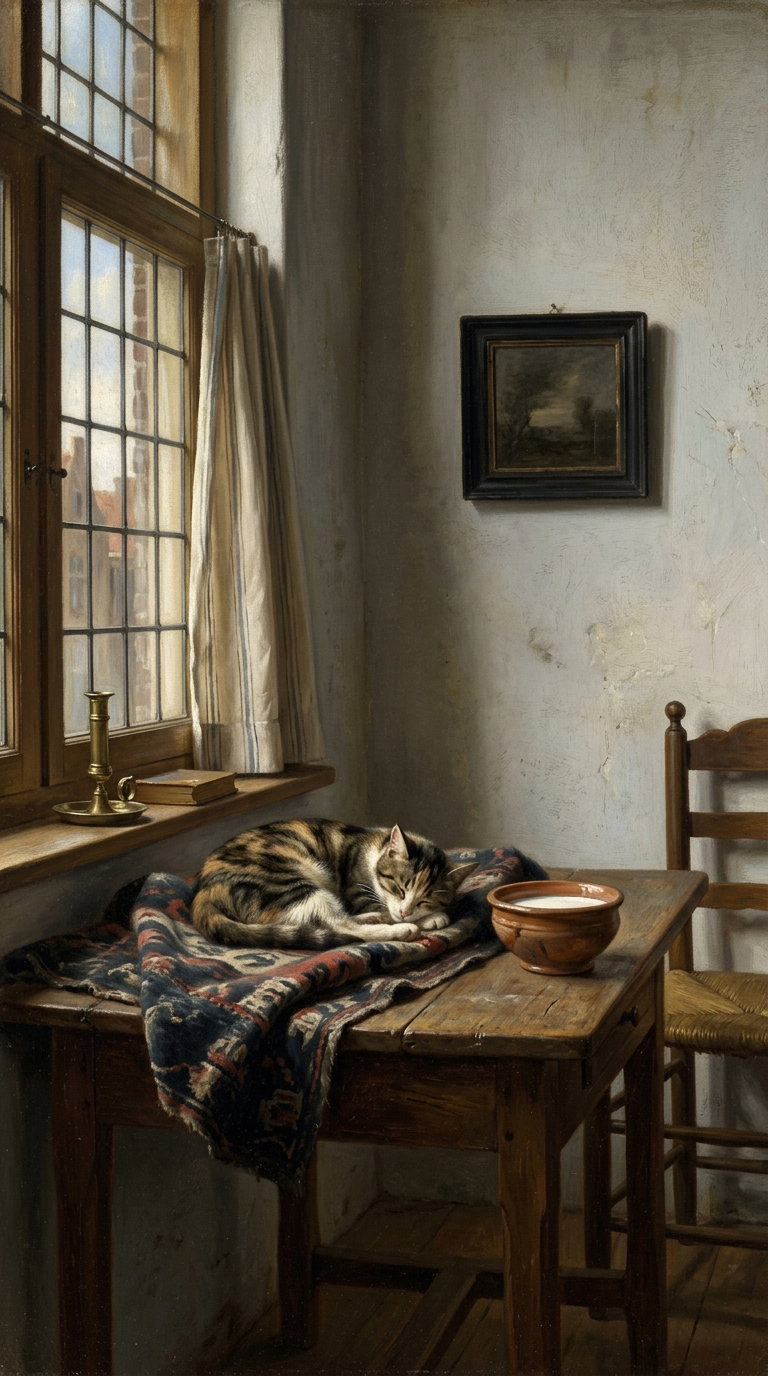 A cozy room with a cat sleeping on a table, a bowl nearby, and a window allowing soft light in.