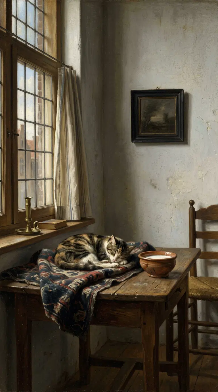 A Tranquil Interior with a Cat Sleeping on a Table