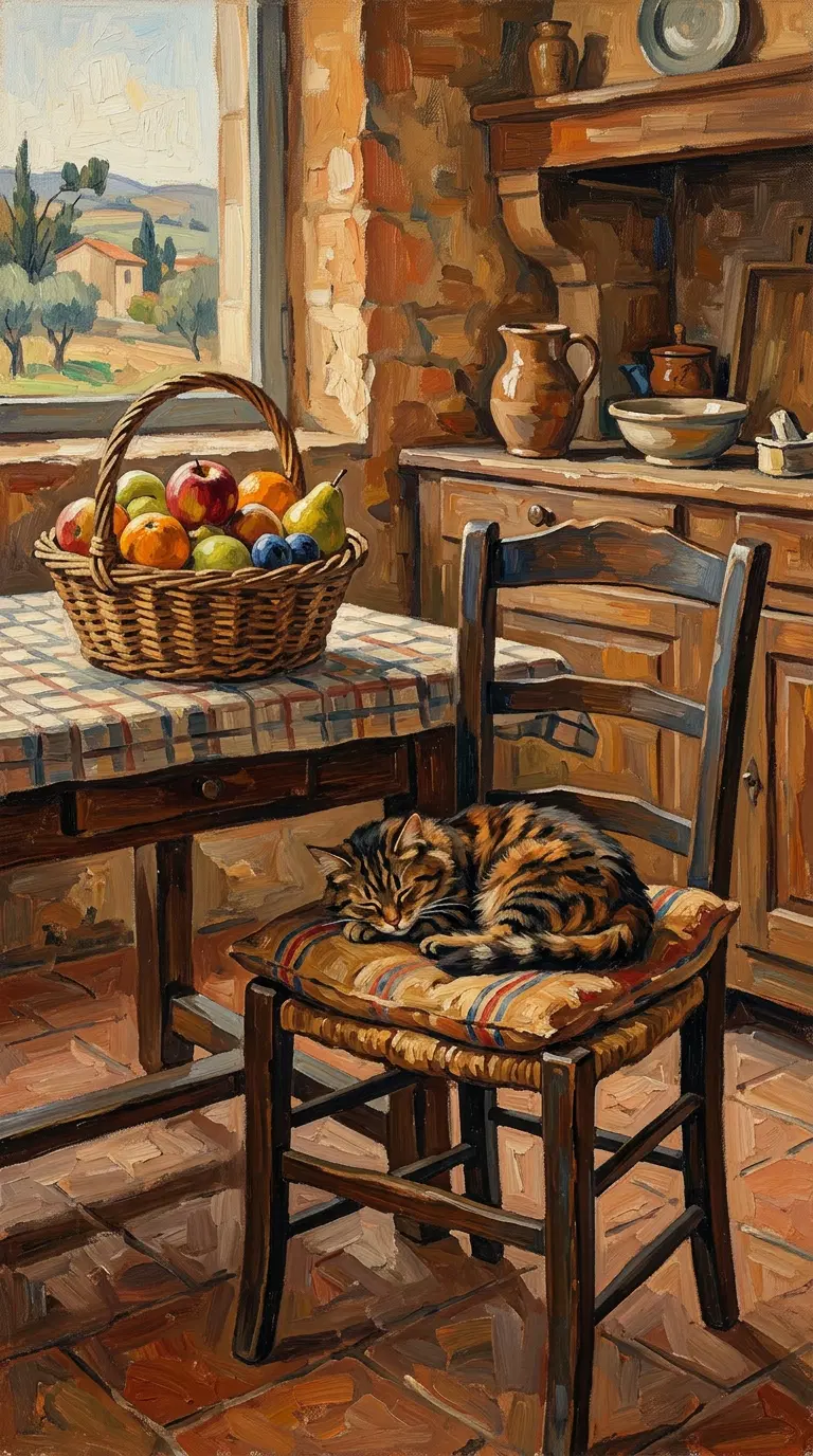A Cozy Scene with a Cat Sleeping by a Fruit Basket