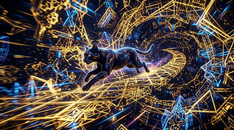 Futuristic Black Cat Running Through a Neon Space