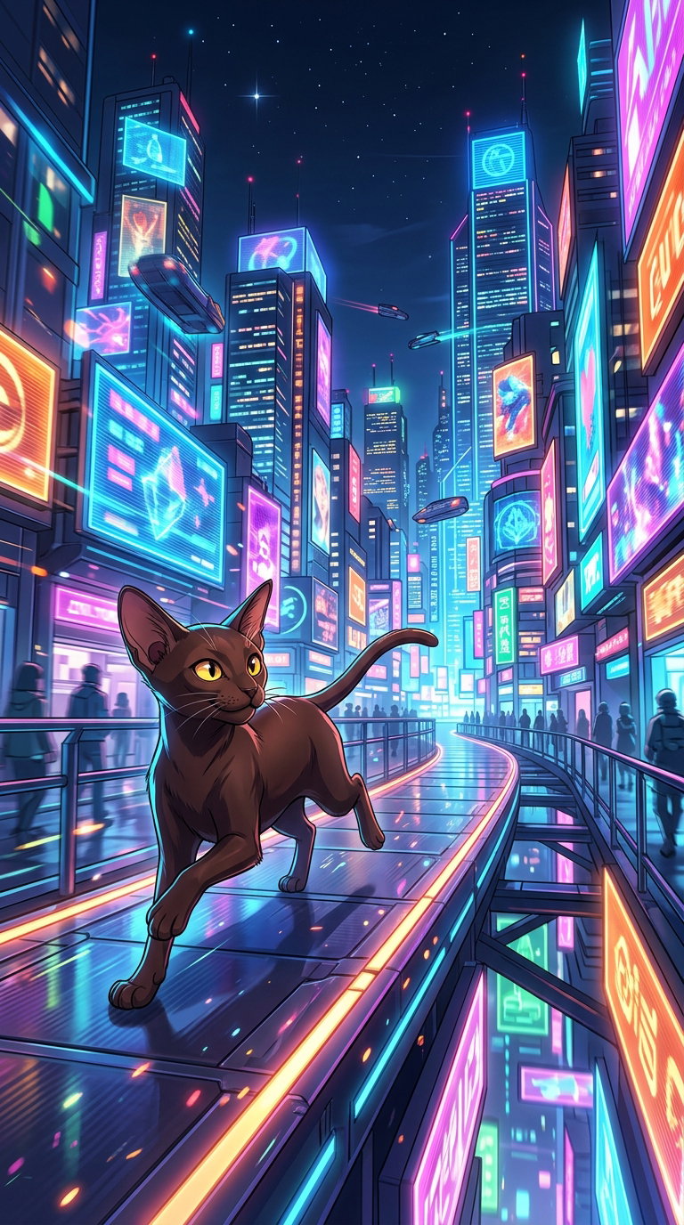 A sleek black cat navigates a vibrant, neon-lit futuristic city with towering skyscrapers and digital advertisements.
