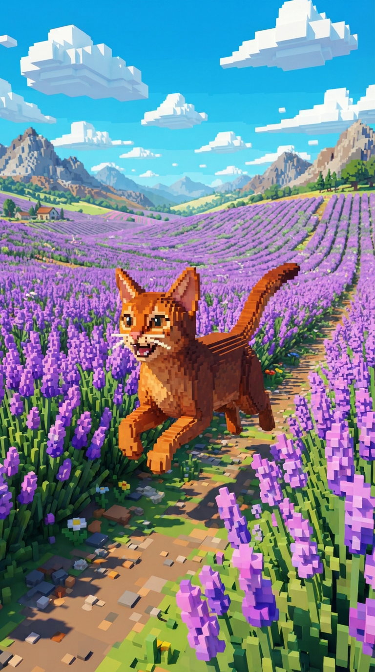 A pixel art style orange cat running through a field of lavender flowers under a blue sky with fluffy white clouds.