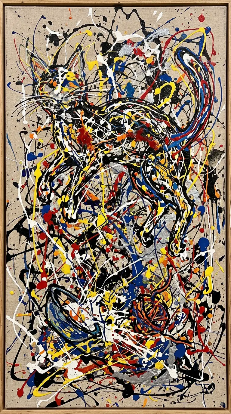 Colorful Abstract Cat Painting with Dynamic Splashes of Color