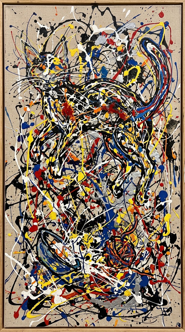 An abstract painting of a cat with vibrant splashes of red, blue, and yellow, set against a textured background.