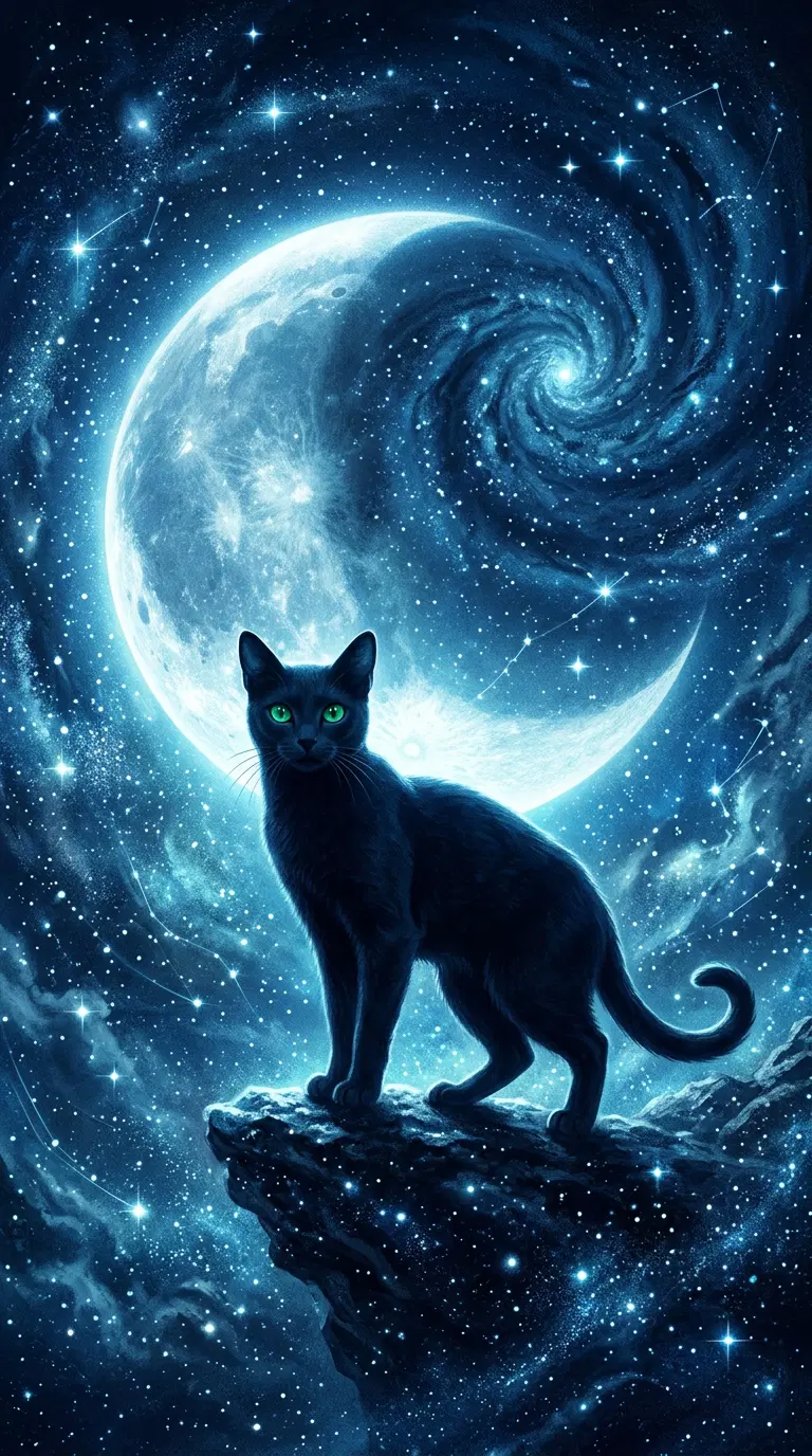 Black Cat in a Cosmic Scene with Vibrant Moon and Stars